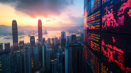 A panoramic view of an Asian metropolis at dawn with skyscrapers displaying giant screens showing fluctuating stock prices.
