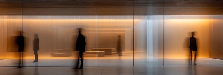 Motionblurred shot of minimal office hallway with clean lines and geometric furniture capturing the subtle flow of people moving through the space