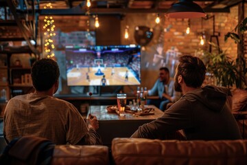 Back view of men and friends sitting at table with beer and snacks watching online basketball game on TV at home.