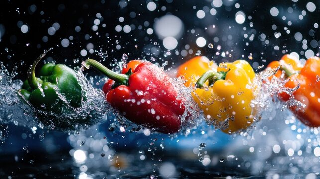 Colorful bell peppers splashing in water, showcasing freshness and vitality.