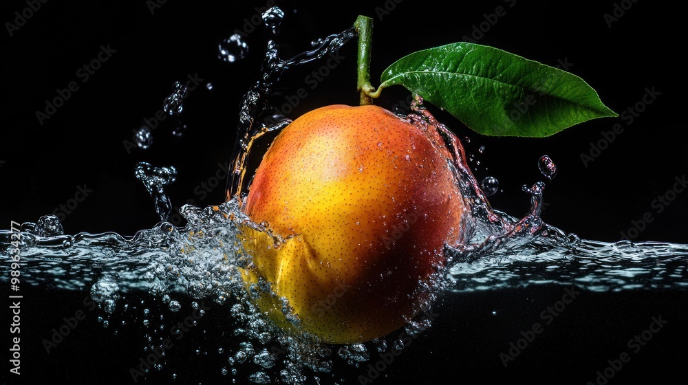 Poster a vibrant peach splashes into water, creating dynamic waves and bubbles.