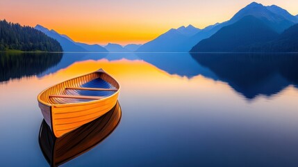 Obraz premium A small boat is floating on a calm lake at sunset, AI