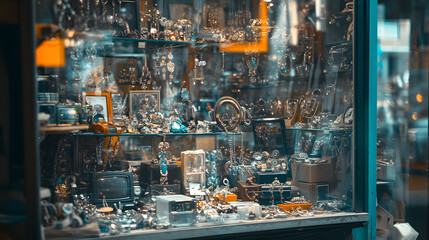 A pawn shop window crammed with various items from jewelry to electronics reflecting economic hardship.