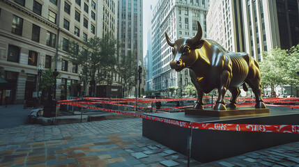 A public plaza in a financial district with a large bronze bull statue surrounded by caution tape symbolizing market instability.