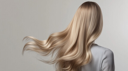 Fototapeta premium blond girl with long shiny hair on a white background, shampoo advertising
