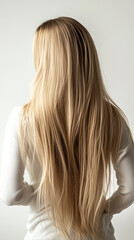Naklejka premium blond girl with long shiny hair on a white background, shampoo advertising