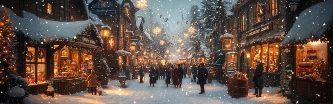 Peaceful snowy Christmas village with glowing cottage lights