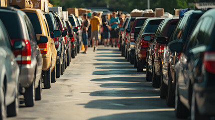 Obraz premium A queue of cars at an American food distribution center volunteers loading supplies into trunks.