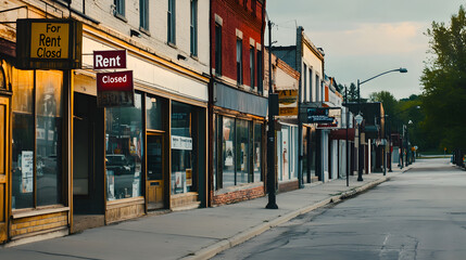 Fototapeta premium A quiet main street in a North American small town with For Rent and Closed signs on most shop windows.