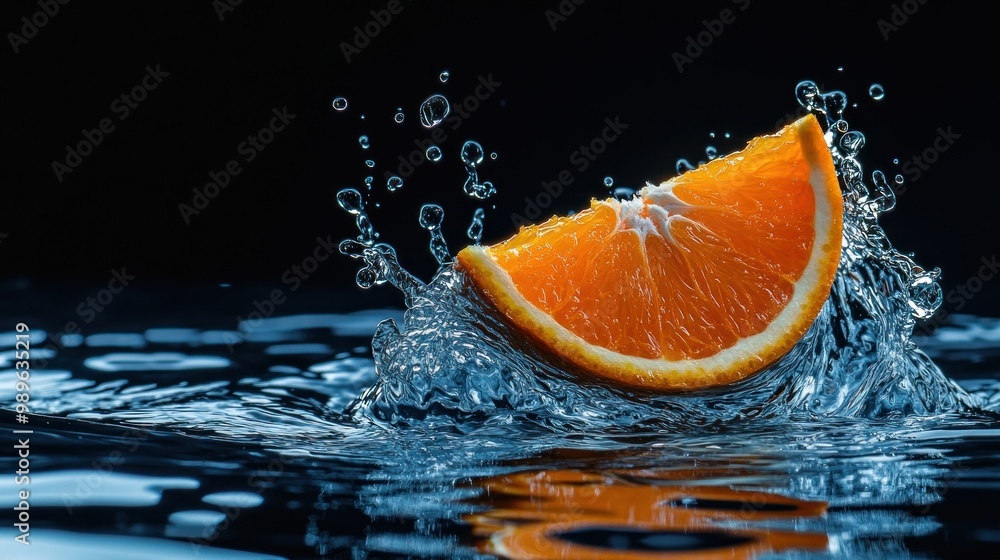 Poster a vibrant orange slice splashes into water, creating dynamic droplets and ripples.