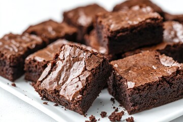 Professional food photography shot of vegan brownies. The brownies are rich and fudgy with a slightly cracked top and moist, gooey center. They are cut into neat square pieces.
