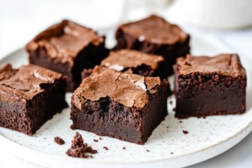 Professional food photography shot of vegan brownies. The brownies are rich and fudgy with a slightly cracked top and moist, gooey center. They are cut into neat square pieces.