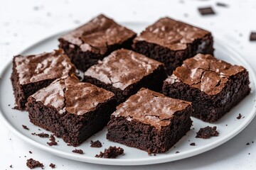 Professional food photography shot of vegan brownies. The brownies are rich and fudgy with a slightly cracked top and moist, gooey center. They are cut into neat square pieces.