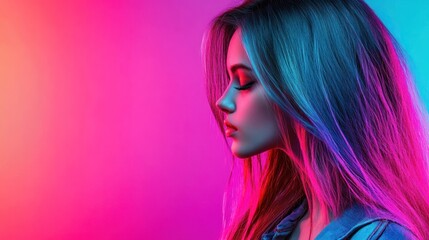 A profile of a young woman illuminated by vibrant pink and blue lights.