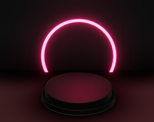 3D realistic podium pedestal with glow spotlight and blank display red neon light circle backdrop on dark background. Youcan use for mockup cosmetic presentation, showcase.