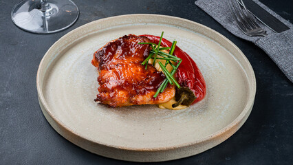 Fried chicken fillet with mashed potatoes, chilli and greens.