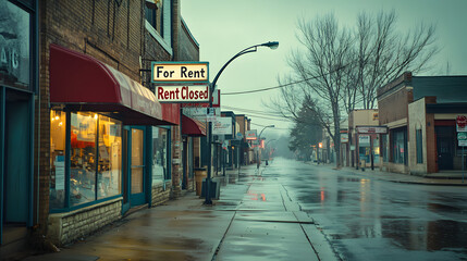 A quiet main street in a North American small town with For Rent and Closed signs on most shop windows.