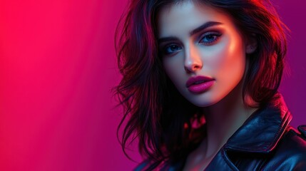 Naklejka premium A close-up portrait of a woman with striking features and colorful lighting.