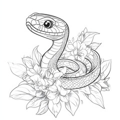 Fototapeta premium Black and white coloring page with a cute Green Wood Snake and flowers on a white background