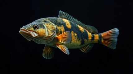 Fototapeta premium A vibrant fish with stripes swimming against a dark background.