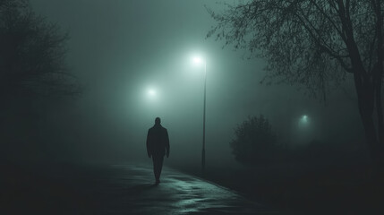 A man walks down a street at night