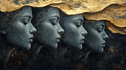 Beauty portrait of young gorgeous women. Golden and silver girls on black background.