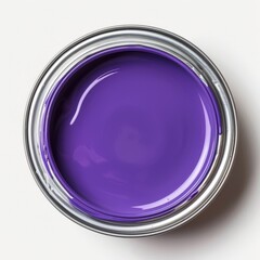 A tin can of violet paint sits open against a pristine white background, showcasing the vibrant, glossy color inside. This rich shade of purple invites creativity.