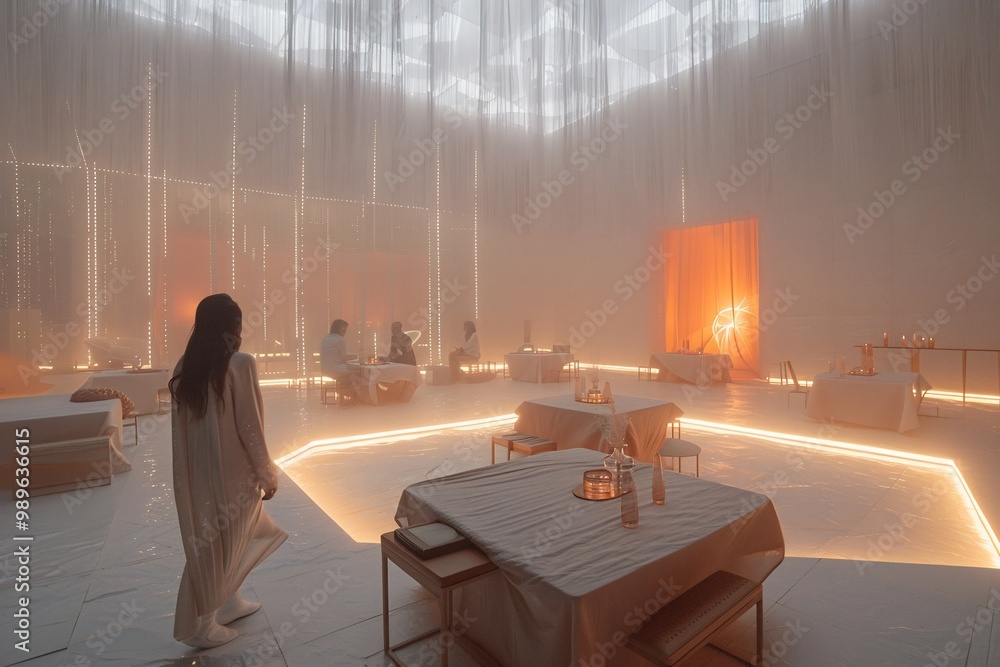 Poster softfocus shot of futuristic corporate meeting area where hovering projection screens cast light tra