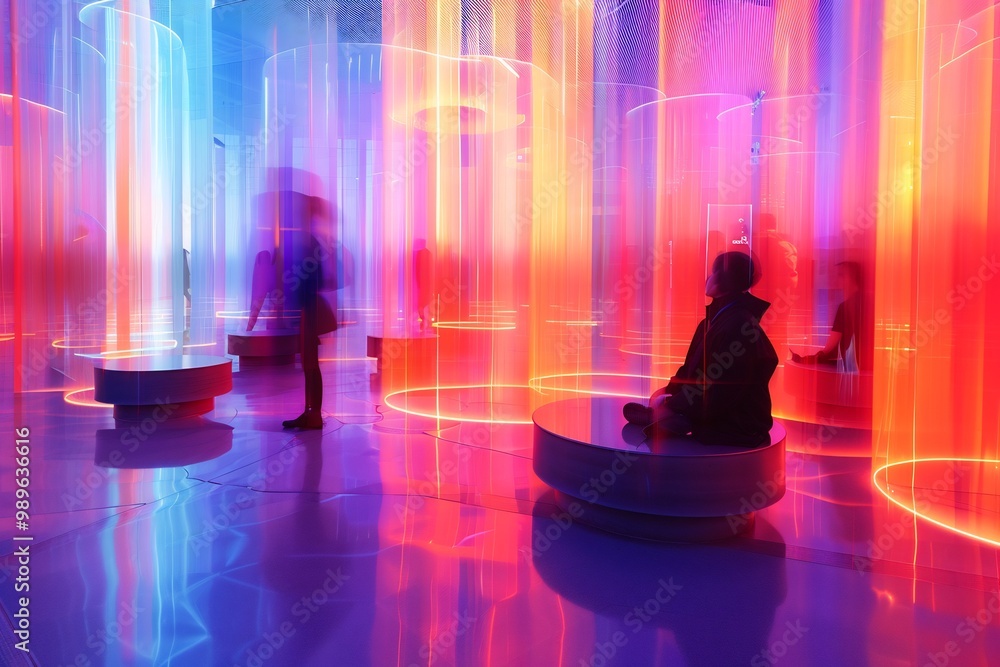 Poster softfocus shot of futuristic corporate meeting area where hovering projection screens cast light tra