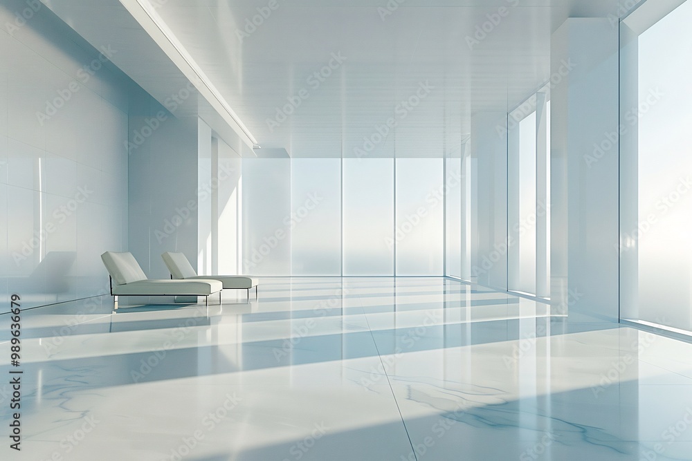 Poster softfocus shot of futuristic corporate meeting area where hovering projection screens cast light tra
