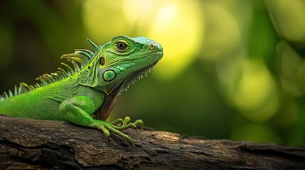 Fototapeta premium A vibrant green iguana resting on a branch, surrounded by a soft, blurred background.