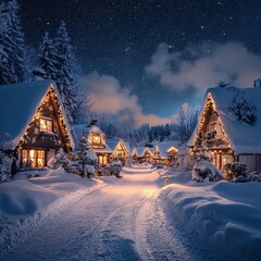 Fototapeta premium Peaceful snowy Christmas village with glowing cottage lights