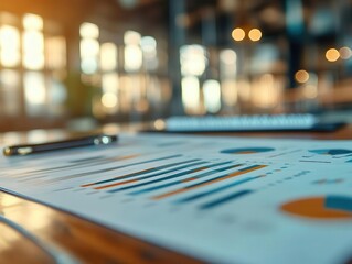 Business finance management with reports and charts on a desk, organized style, sharp focus, bright lighting, high detail