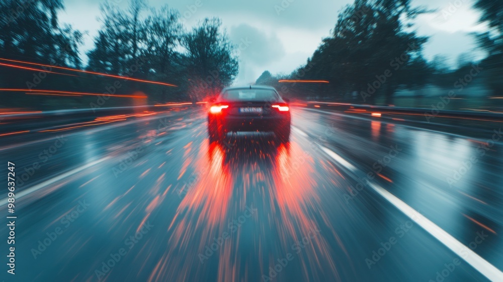 Sticker A blurred view of a car driving on a rainy road, emphasizing speed and motion.