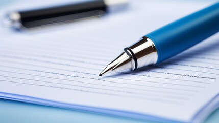 Naklejka premium A blue pen rests on an empty sheet of paper, with two black pens blurred in the background