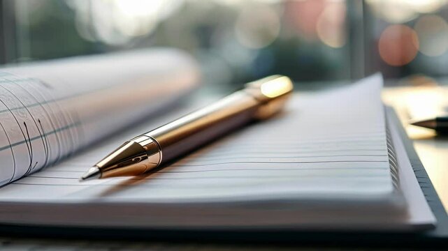 Elegant pen on an open notebook inspires new ideas in a business office, with a blurred background adding sophistication. Perfect for conveying innovation