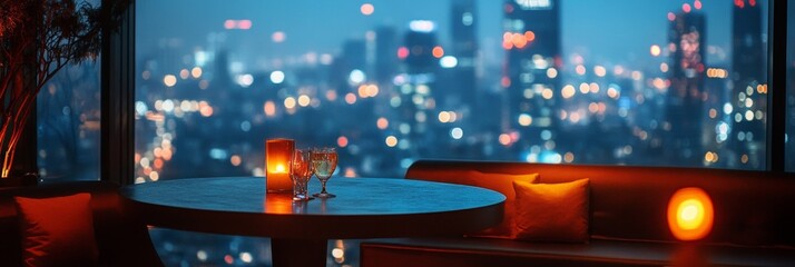 Chic rooftop bar overlooking a vibrant city skyline, illuminated city lights create a captivating evening ambiance.