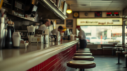 A small American diner with only a couple of patrons staff waiting idly by the counter.