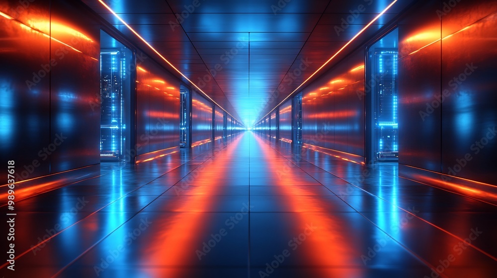 Poster tiltshift shot of futuristic office hallway with robotic assistants blurred in motion creating a mix