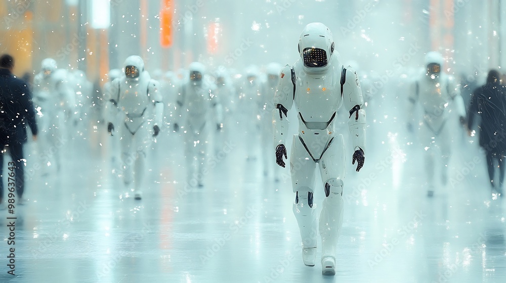 Poster tiltshift shot of futuristic office hallway with robotic assistants blurred in motion creating a mix