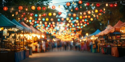 Vibrant summer festival with colorful food stalls, festive decorations, and a lively atmosphere, creating an inviting community celebration