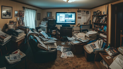 A small investors living room filled with newspapers financial reports and a TV showing breaking news about market crashes.