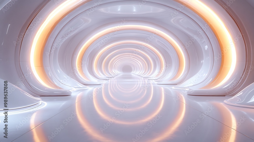 Poster tiltshift shot of futuristic office hallway with robotic assistants blurred in motion creating a mix