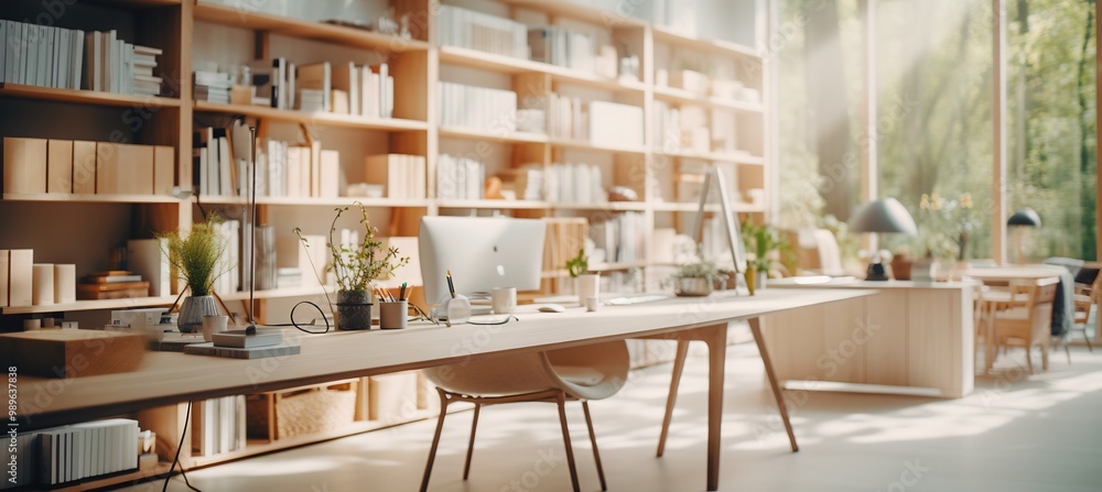 Poster tiltshift shot of modern office space with geometric desks and softfocus lighting capturing a serene