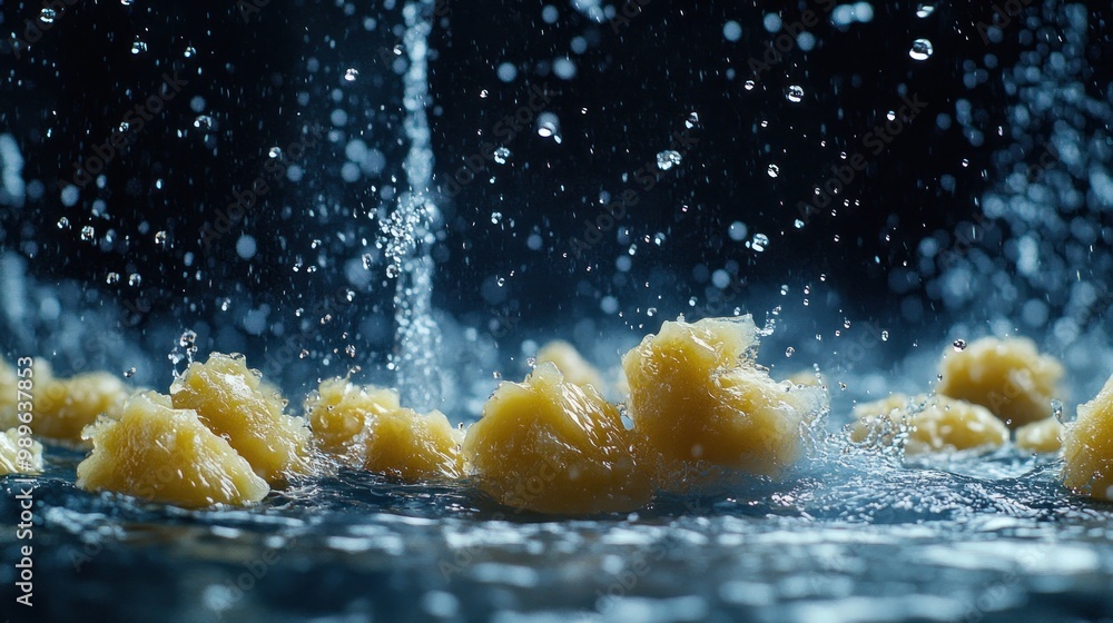 Poster a close-up shot of yellow food items splashing in water, creating dynamic droplets.