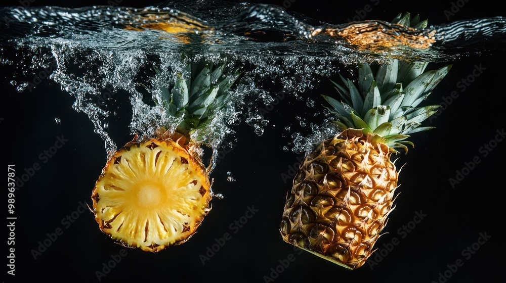 Poster a pineapple and its sliced half submerged in water, creating dynamic splashes.