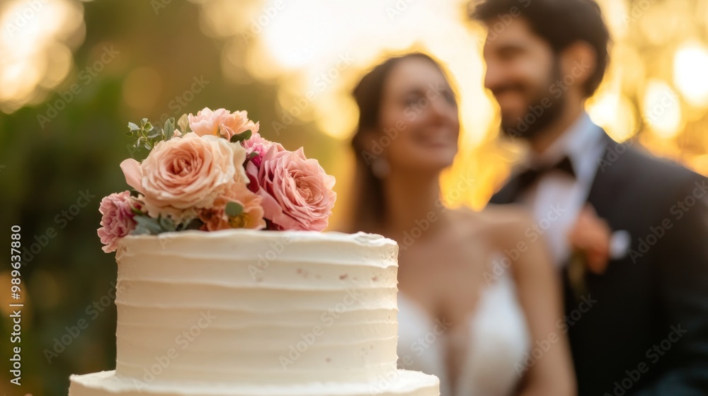 Sticker A wedding cake adorned with flowers, with a couple blurred in the background.