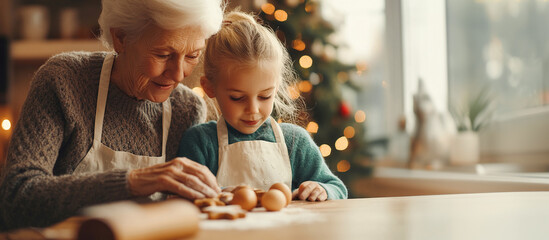 A grandmother and granddaughter in aprons prepare gingerbread cookies together, rolling out the dough with a rolling pin against the backdrop of a kitchen with a Christmas tree.
