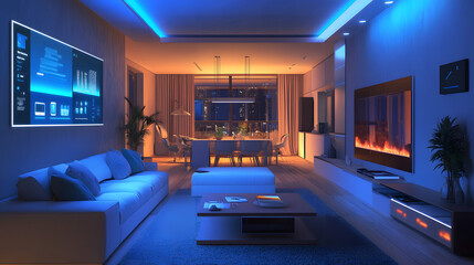 A smart home interior with voice-activated devices digital displays on the walls and energy-efficient lighting adjusting automatically.