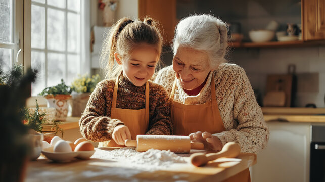 Smiling grandmother and granddaughter in aprons prepare gingerbread cookies together and rolling out the dough with a rolling pin against the backdrop of a kitchen.